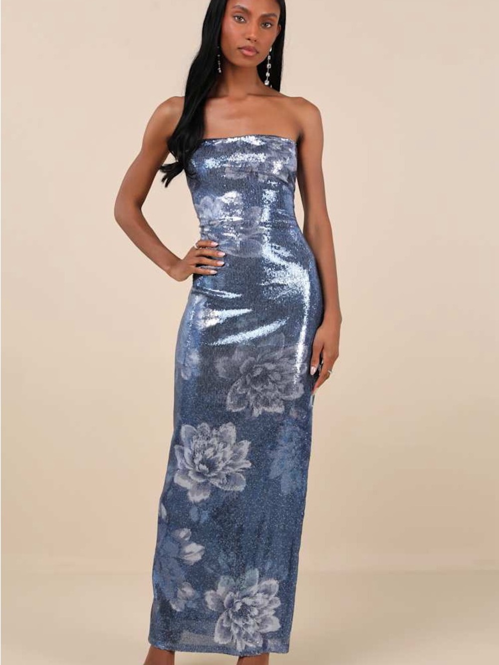 Lulus Glowing Wonder Blue Floral Sequin Strapless Maxi Dress Size L NWT